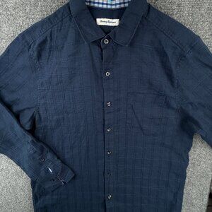 Tommy Bahama Long Sleeve Dark Blue Button Up Shirt Large Linen Sorona Blend Men